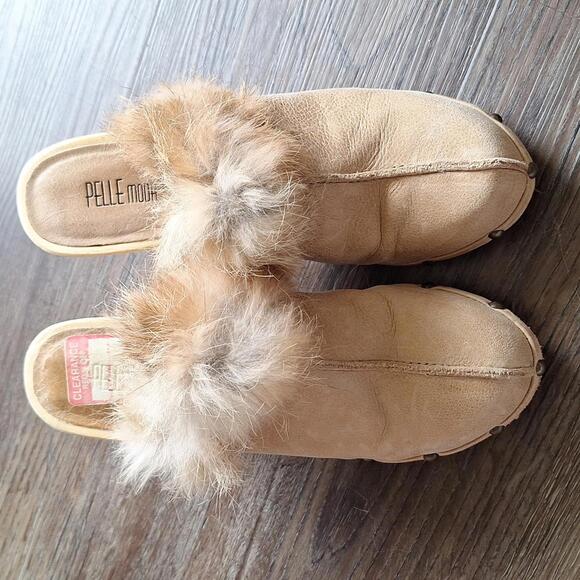 Pelle Moda Tan Leather Fur Wood Heel Size 6 - Picture 2 of 9